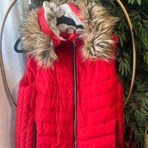 Gap Red Puffer Vest with Faux Fur Hood